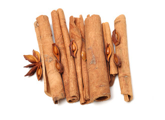 Cinnamon and anise on white background