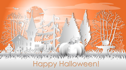 Happy Halloween Background with scary pumpkins on cemetery, Paper cut Layer  vector