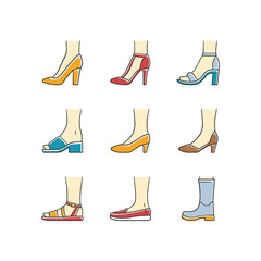 Women modern shoes color icons set. Female summer and autumn elegant footwear. Stiletto high heels, sandals, pumps. Fashionable winter and fall season boots. Isolated vector illustrations