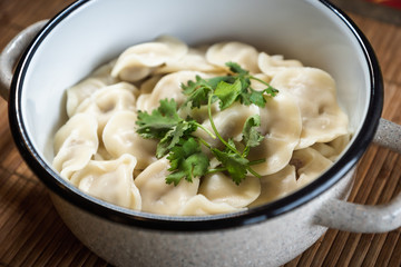 Pelmeni, traditional Russian dumpling dish with meat on table - selective focus, top down photo 