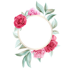 Round watercolor flowers frame for wedding or greeting card composition. Floral illustration of red roses, peonies, leaf, branches. Wedding invitation flower background
