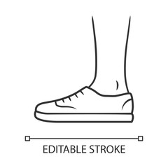 Trainers linear icon. Women and men stylish footwear. Unisex casual sneakers, modern tennis shoes. Editable stroke. Thin line illustration. Contour symbol. Vector isolated outline drawing