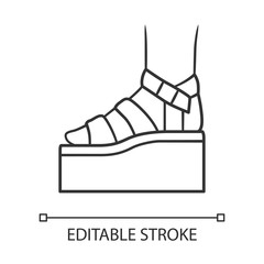 Platform high heel sandals linear icon. Woman stylish footwear. Female casual summer shoes. Editable stroke. Thin line illustration. Contour symbol. Vector isolated outline drawing