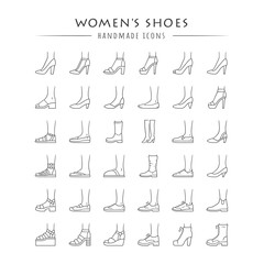 Women shoes linear icons set. Female fashion, summer and autumn trendy footwear. Stiletto high heels, sandals, pumps. Editable stroke. Thin line contour symbols. Isolated vector outline illustrations