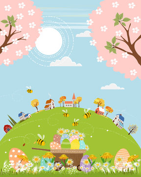 Cute cartoon landscape with pastel Easter eggs on cart in sping field on sunny day, Vector Easter eggs in different designs on hills with honey Bees collecting pollen on flowers, Easter background