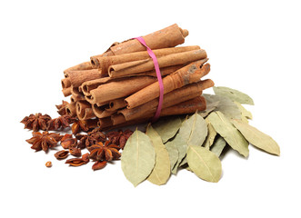 Cinnamon and anise on white background