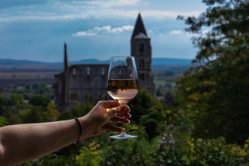 Tasting a glass of rose wine in Zsambek Hungar which is part of the Etyek Wine Region. In the background there is the old monastery church ruin.