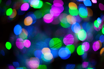 Abstract blurred background with numerous colourful bright festive bokeh. Texture with copy space for text. Celebration, holidays concept. Horizontal