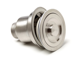 closeup of kitchen drain assembly on white background