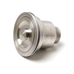 closeup of kitchen drain assembly on white background