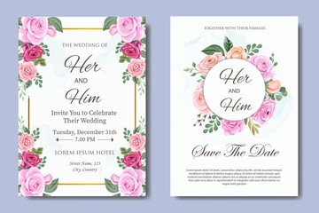 Wedding Invitation Card with Beautiful Flowers and Leaves