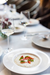 Sweet rice porridge with fresh strawberries. Breakfast in restaurant
