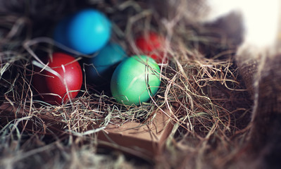 Easter painted eggs on burlap