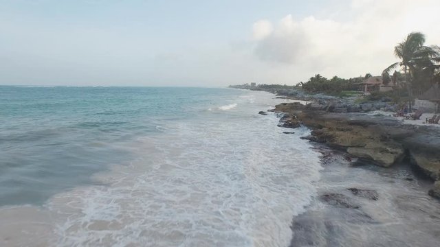Aerial shot of Tulum coastline and ocean, Maya Rivera, Mexico