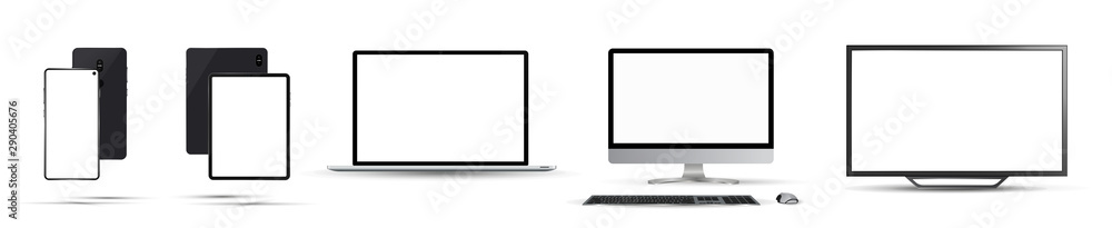 Poster gadgets mockups set. frontal view (tv, pc, laptop, tablet, smartphone) realistic collection mockups 