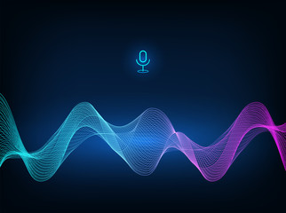 Voice assistant concept. Microphone voice control technology, voice and sound recognition. Vector sound wave. High-tech AI assistant voice, background wave flow, equalizer. Vector illustration