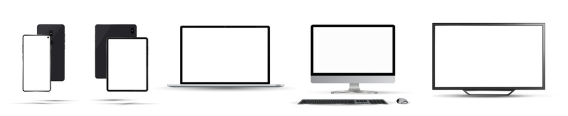 Gadgets mockups set. Frontal view (TV, PC, laptop, tablet, smartphone) Realistic collection mockups generic device. Isolated collection with shadow. Template for presentation. Vector technique