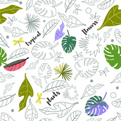 Vector tropical seamless pattern of exotic leaves. Contours of leaves of monster