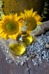 Sunflower oil with sunflowers and sunflower seeds