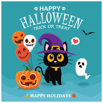 Vintage Halloween poster design with vector cat, ghost, pumpkin character. 