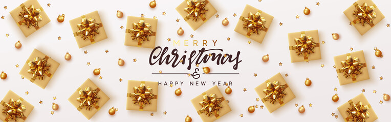 Fototapeta na wymiar Christmas horizontal banner, header for website. Xmas background, design with realistic gift boxes, gold metal volumetric stars and bauble, golden ball. New Year's gifts flat top view.