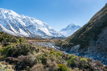 Fototapeta na wymiar Magnificent Southern alps scenery in the Hooker valley track in Aoraki Mount Cook National Park