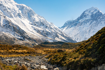 Magnificent Southern alps scenery in the Hooker valley track in Aoraki Mount Cook National Park