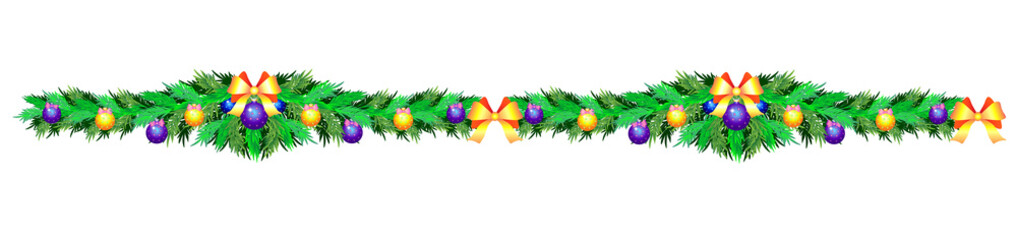 Christmas garland of fir branches, ribbons, Christmas balls - seamless divider, border for decorating sites, cards, banners. Christmas decor for stories, photos and videos.