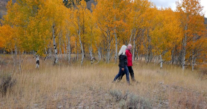 Caucasian senior couple walking near autumn trees