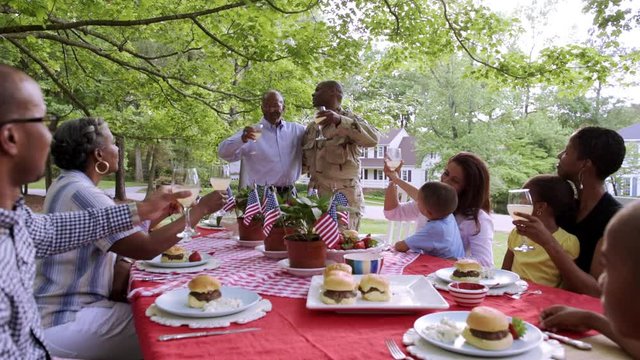Extended family toasting military man at picnic