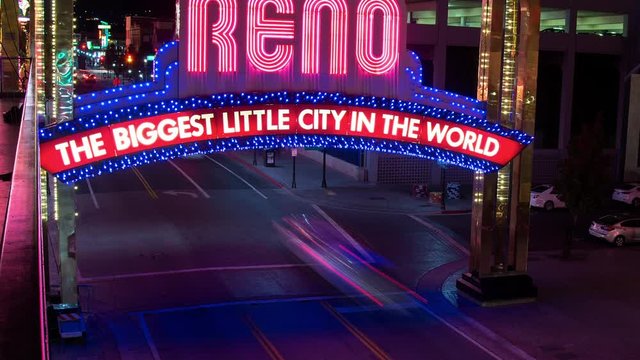 Time lapse of traffic near neon sign at night, Reno, Nevada, United States
