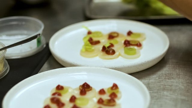 Close-up shot of a chef decorating a plate before serving it