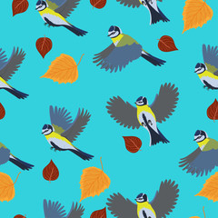 Obraz na płótnie Canvas Seamless pattern with titmouse and autumn leaves.