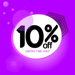 Sale 10% off, discount banner design template, just now, promo tag, vector illustration