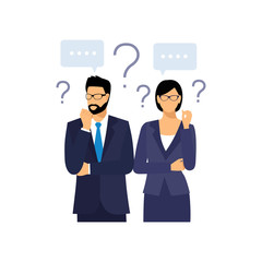 Man and woman with question marks. Man with question.  Vector male character solving problem. Dilemma of businessman