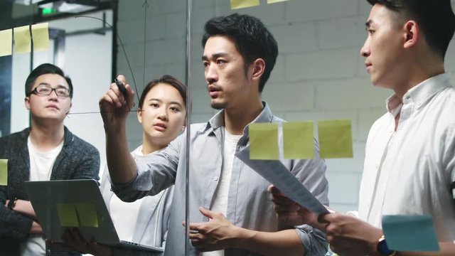 young asian business man presenting idea to teammates by drawing a diagram on meeting room glass wall