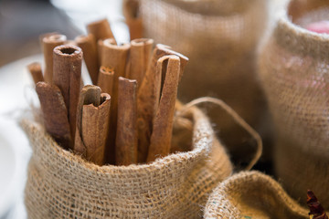 Close up of Cinnamon in cloth sacks