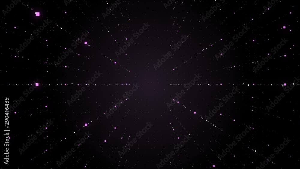 Poster dynamic transparent violet square particles motion through the black space.