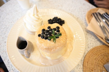 Souffle pancake with boba and softcream yogurt