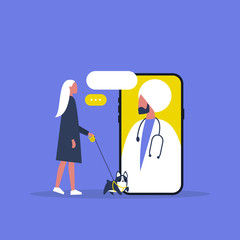 Veterinary doctor appointment. Online consultation. Modern healthcare technologies. Hospital. Millennial female patient with a dog. Flat editable vector illustration, clip art