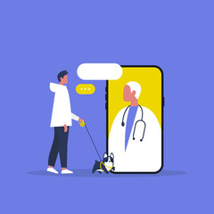 Veterinary doctor appointment. Online consultation. Modern healthcare technologies. Hospital. Millennial male patient with a dog. Flat editable vector illustration, clip art