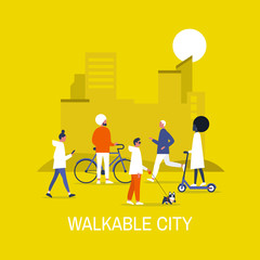 Walkable city. Diversity. Characters on bikes, electric scooters, walking and running young adults. Urban life. Urbanism. Flat editable vector illustration, clip art