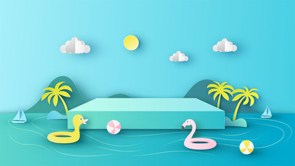 Square box design for used in placing your products in Summer season. with scenery of sea around. paper cut and craft style. vector, illustration.