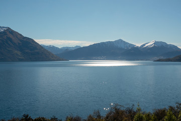 Stunning glacial lake coastal scenery in New Zealand Southern Alps
