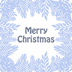 Fototapeta na wymiar Graphic card of merry christmas, with pattern art blue leaf wreath frame. Vector