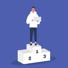 Leadership. Young male character standing on a pedestal. First place. Tech startup. Success. Flat editable vector illustration. Management