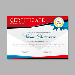 Modern certificate template design with blue, red and white color. Appreciation certificate, achievement certificate