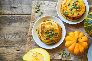 Pumpkin pancakes with seeds and honey