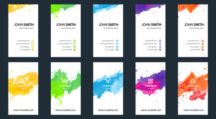Big set of bright colorful business card template with vector watercolor background	