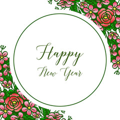 Letter of happy new year, with decor crowd of colorful flower frame. Vector